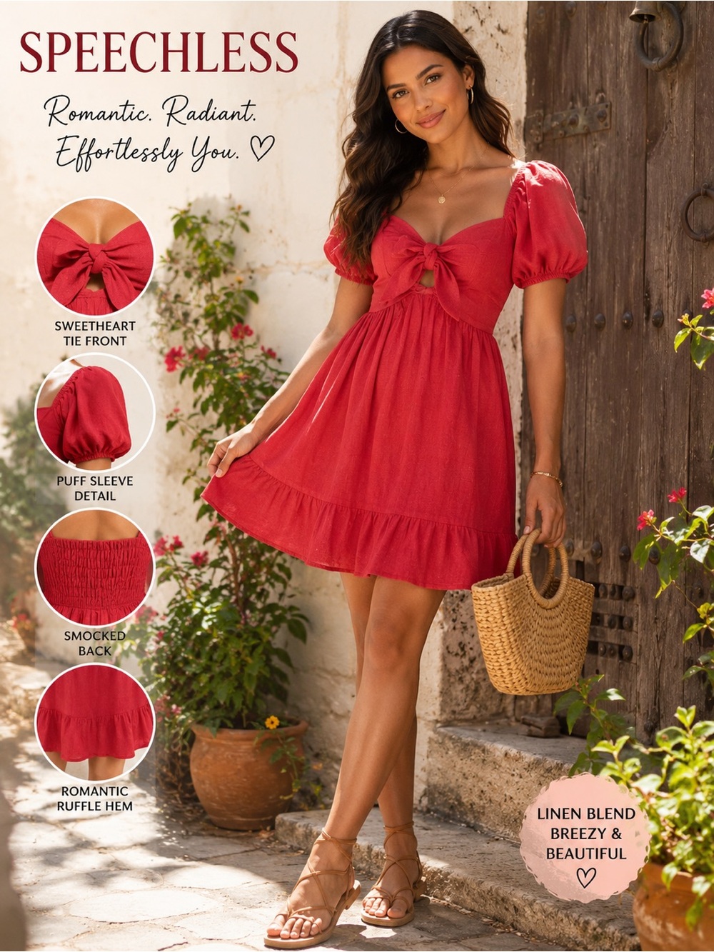Speechless Red Linen Blend Puff Sleeve Tie Front Mini Dress — Size S